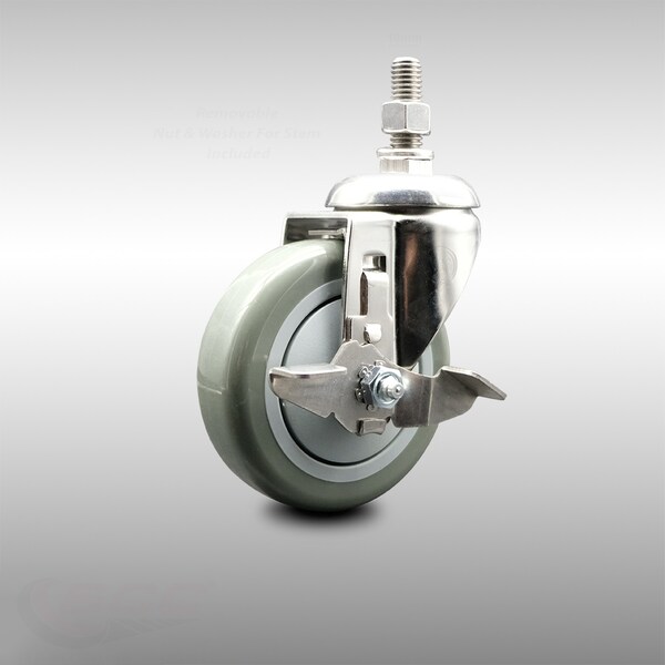 Service Caster 4 Inch 316SS Gray Polyurethane Swivel 10mm Threaded Stem Caster with Brake SCC-SS316TS20S414-PPUB-TLB-M1015 - main